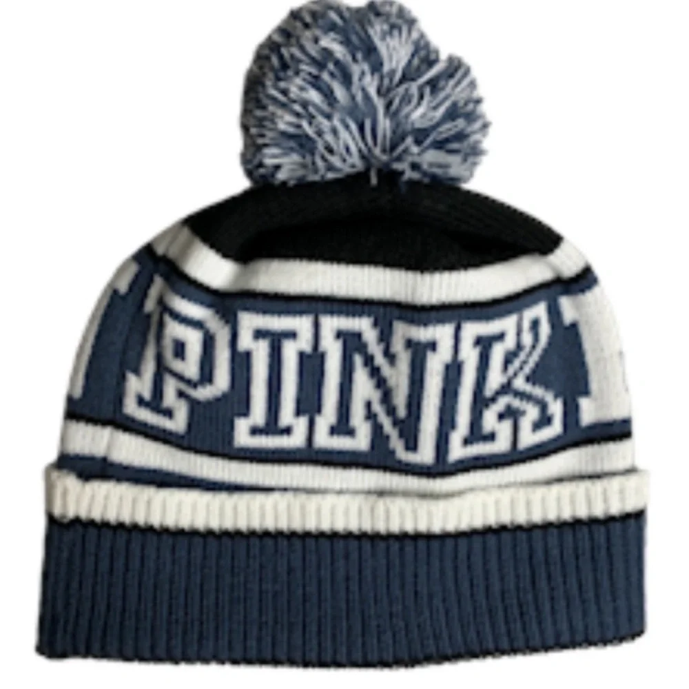 Victoria's Secret Lot Pink Nation Knit Beanies. Black White Gray Pom Logo